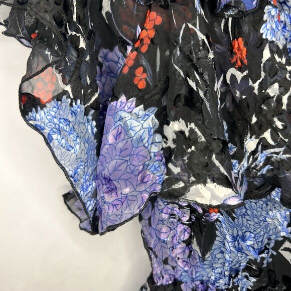 Alice + Olivia Size 10 Nichola Black Blue Red Cold Shoulder Ruffled Floral Dress - Picture 6 of 16